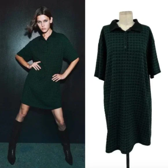 Zara | Dresses | Zara Nwot M Jacquard Polo Dress Green And Black | Poshmark